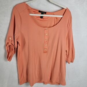 Lauren Ralph Lauren Womens Size XL Peach Long‎ Sleeve 1/2 Button Top Roll Tab